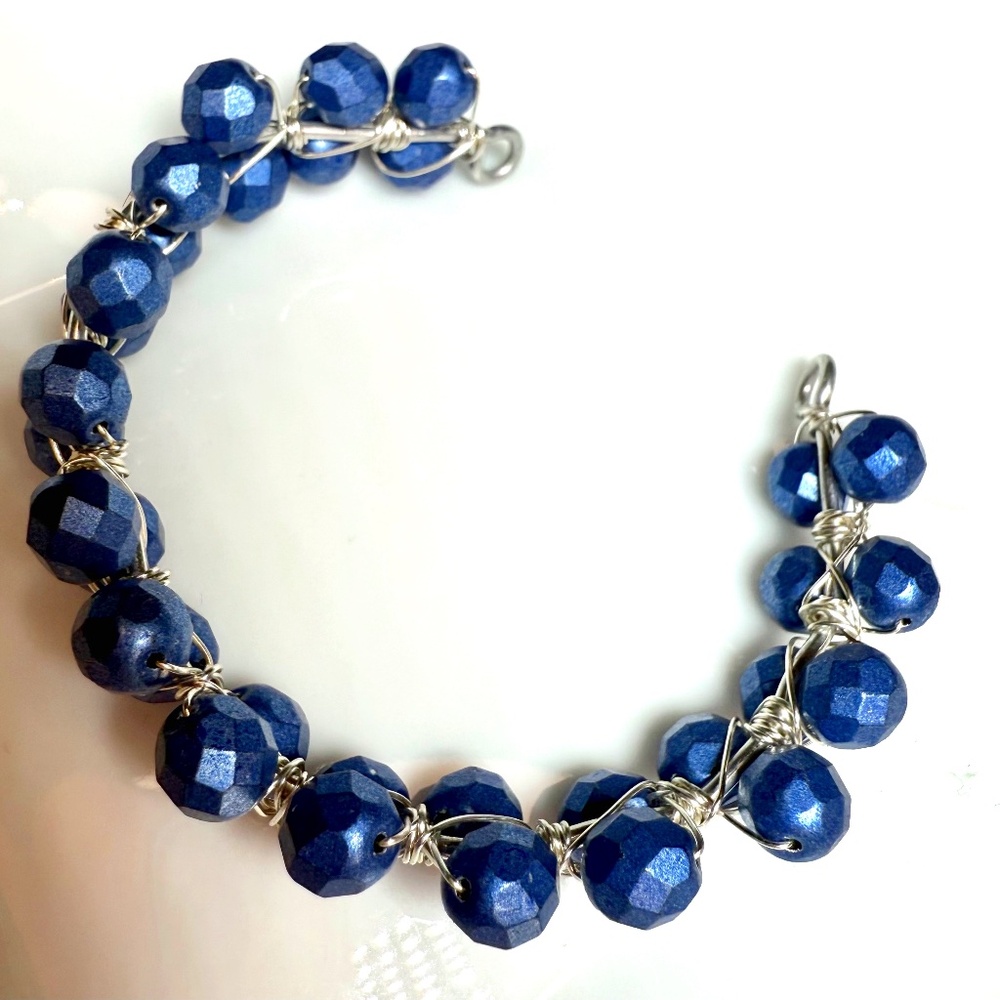 Hand Crafted Matte Blue Faceted Beaded Wire Wrapped Open Cuff Bracelet
